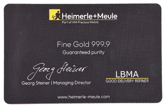Heimerle und Meule Goldbarren Secain 1 Gramm 999.9  Gold im original Blister